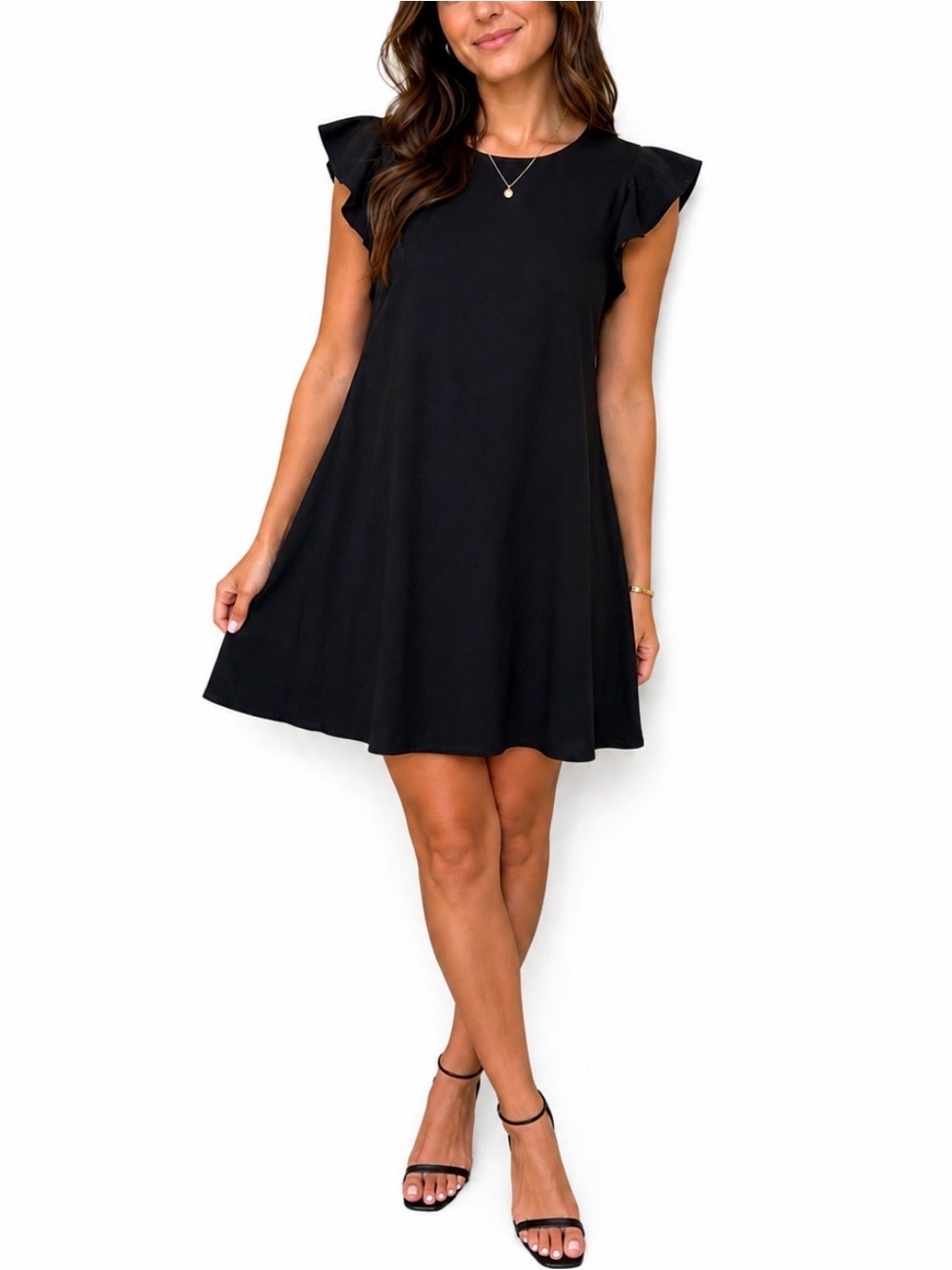 Lulus Black ruffle Puff flutter Sleeve Dress short shift SZ SM round neckline